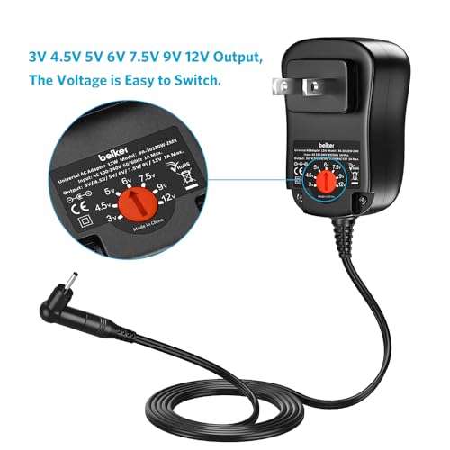 Belker 12W Universal 3V 4.5V 5V 6V 7.5V 9V 12V AC DC Adapter Power Supply for Household Electronics Router Speaker Smart Phone Tablet CCTV IP Camera - 1A 1000mA Amp Max. - Thumbnail 3
