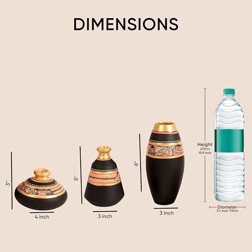 Image of Aakriti Art Creations Vase Earthen Black Madhubani Set of 3 | Handmade Terracotta Flower Vases | Matte Finish Madhubani Art Decorative Vases for Living Room, Table Decor & Gifting