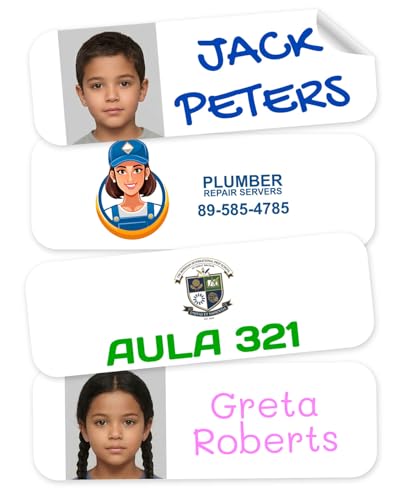 50 Etiquetas Adhesivas personalizadas, con foto o imagen, de 6 x 2cms, para marcar objetos, libros, fiambreras, etc. Color Blanco
