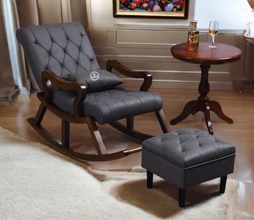 Image of Solid Sheesham Wood Rocking Chair for Living Room with Footrest and Pillow | Ergonomic Resting Chair with Ottoman for Relaxing and Pregnant Women (Grey)