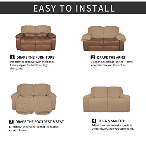 Image of Easy-Going 2 Seat Recliner Loveseat Cover for Dogs- 6 Pieces Stretch Sectional Recliner Sofa Slipcover for 2 Cushion Couch, Washable Furniture Protector with Elasticity (Recliner Loveseat,Camel