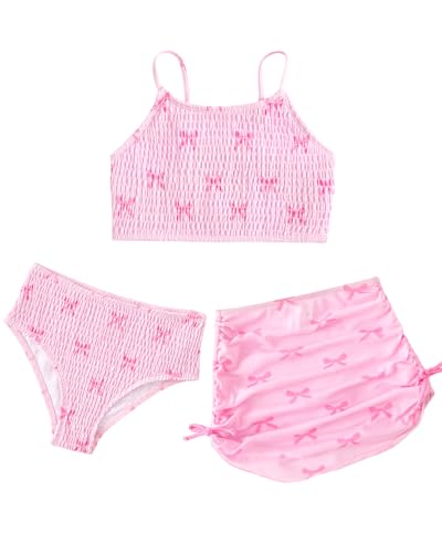 Image of JiAmy Girls 3 Piece Swimsuit Bikini Set Floral Butterfly Print Bathing Suit with Mesh Skirt Adjustable Straps Swimwear for Kids Tween Teen Girls 160,Pink