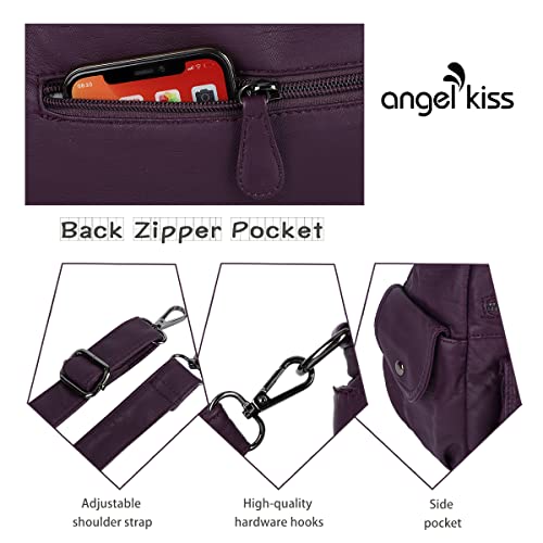Image of Angel Kiss Women's Designer Handbag Large Double Zipper Multi Pocket Washed Leather Purse