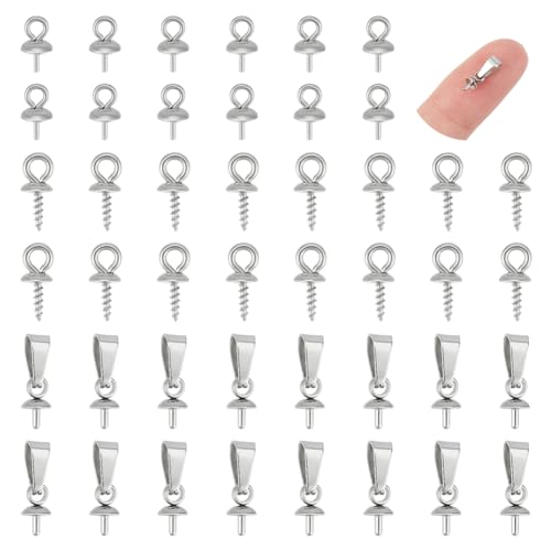 UNICRAFTALE 90Pcs 3 Style Stainless Steel Peg Bail Charm Screw Eye Pin Bail Cup Peg Pin Pendants Pearl Pendant Clasps for Half Drilled Beads DIY Jewellery Making