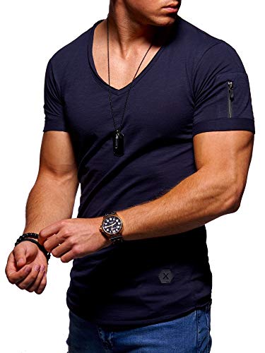Herren Kurzarm Basic T-Shirt V-Neck Ausschnitt Oversize-Look Zipper 20-1791 Navy L Cover