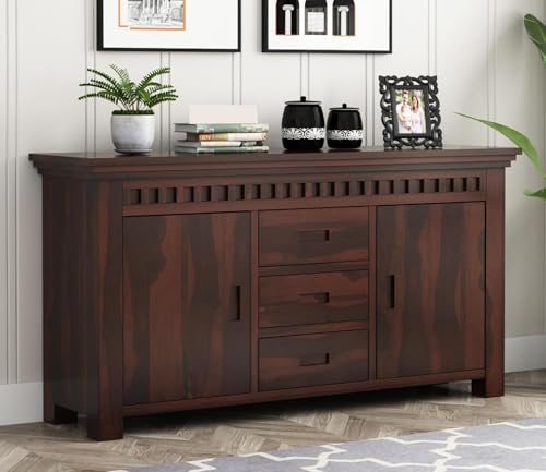 Image of Credenza Solid Sheesham Wood Sideboard Cabinet with 3 Drawers & 2 Doors | Wooden Buffet Storage Unit for Living Room, Kitchen & Home Office | Modern Solid Wood Cabinet | Walnut Finish