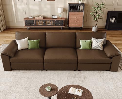 Image of EASE MOOSE 3 Seater Deep Seat Sectional Sofa,Scratch Resistant Faux Leather Material, Oversized Modular Couch,Classic Comfy Sofas for Small Spaces, Deep Brown