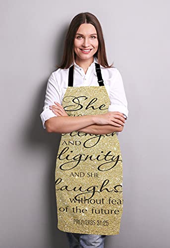 Lefolen Proverbs 31:25 Adjustable Bib Apron Bible Verse Gold Sparkles Glitter Pattern Print Cooking Kitchen Apron For Men Women #TOP2