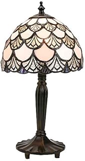 Modern Contemporary Opal White Stained Glass Tiffany Lamp with Scalloped Sections in Clear and Blue/Green | 8" Diameter | 40w Maximum by Happy Homewares