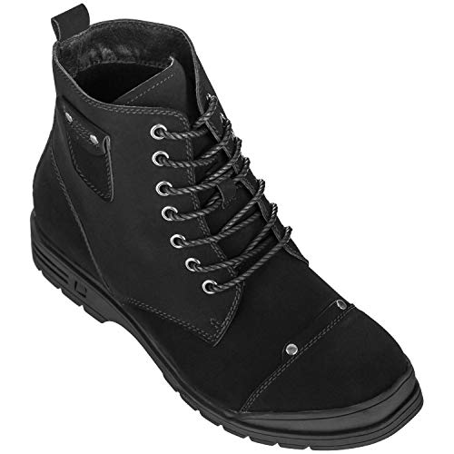 Calden Men's Invisible Height Increasing Elevator Shoes - Black Nubuck Leather Lace-up Military Style Ankle Boots - 3.2 Inches Taller - K18135 - Size 7.5 D(M) US