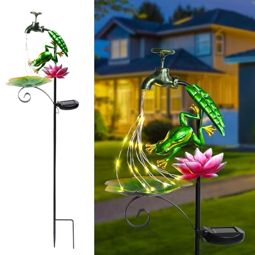 Solar Outdoor Lights Decorative Solar Frog Lights with Lotus Bird Feeder Faucet Shaped Lighted...