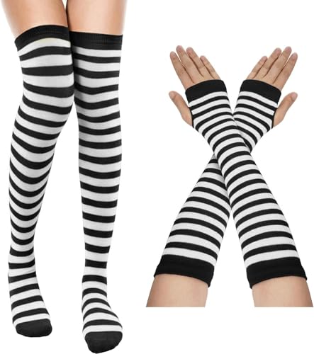 MESU Women Striped Thigh High Socks and Fingerless Gloves Set
