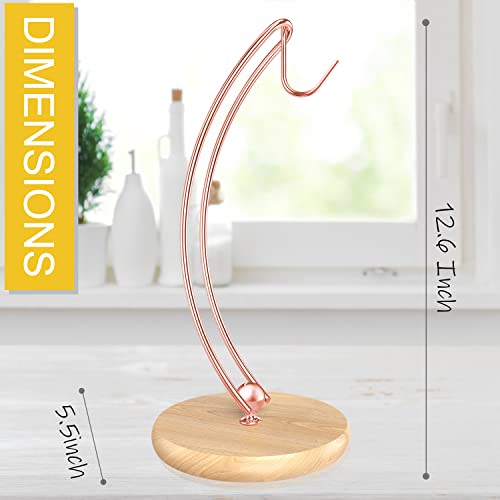 Banana Holder Stand - Patented Modern Banana Tree Hanger with Wood Base Stainless Steel Banana Rack for Home Kitchen Use,Doesn't Tip Over (Rose Gold)