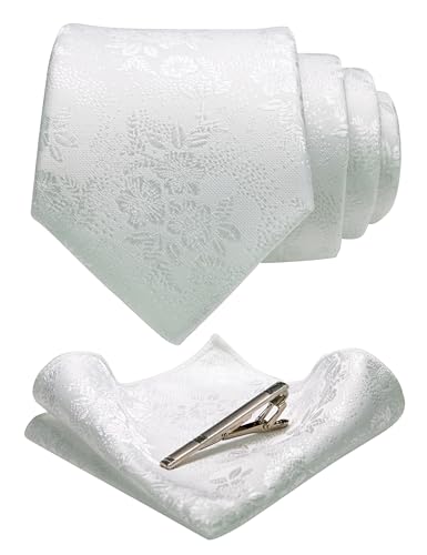 JEMYGINS Silk White Floral Tie Necktie and Pocket Square, Hankerchief and Tie Bar Clip Sets for...