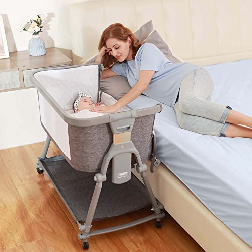 Image of Baby Bassinet Bedside Sleeper for Baby, Li’l Pengyu Foldable Bassinet with Rocking Cradle Mode, Free-Installation & Quick-Folding Bedside Crib, Come with Comfy Mattress and Portable Bag (Mesh)
