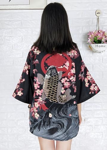 Image of LAI MENG FIVE CATS Women's Floral Print Loose Blouse Japanese Kimono Tops | Puff Sleeve,Cover up Top,Casual Cute Tops,Summer Cardigans 2026