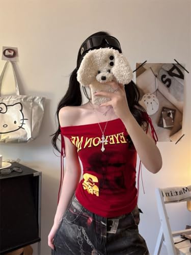 Image of ICW Women's Graphic Print Ruched Side-Tie with Bra Pads Off-Shoulder Vintage Streetwear Sleeveless Cami Crop Top Dn5152