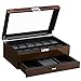 BEWISHOME 12 Watch Box with Valet Drawer, Luxury Watch Case,Watch Organizer for Mens Accessories with Real Glass Top,Metal Hinge, Brown SSH02Y