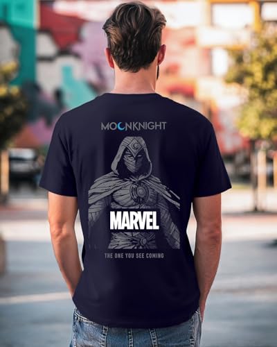 Image of Bewakoof X Marvel Moon Knight Men's Cotton Graphic Print Regular Fit Half Sleeve Round Neck T-Shirt | Tshirt for Men Cotton| Casual Wear | Street Wear