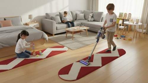 Image of Fluffy Silky Micro Fiber Polyster Carpet /Runner for Bedroom, Study Room, Playing Room, Guest Room ETC. 2x6 feet Feet, (Red and Ivory Chevron Pattern)