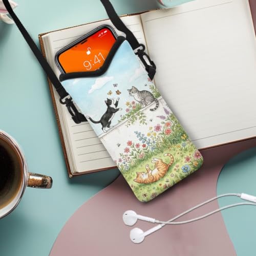Image of Small Phone Bag Water-Resistant Crossbody Pouch with Adjustable Strap Cellphone Case Mini Satchel Fits Most Phones for Casual, Beach, Travel, Cartoon Cat Flower Blue Green