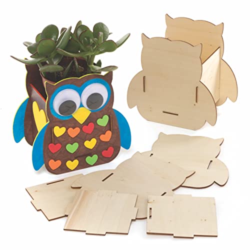 Baker Ross FE645 Owl Wooden Flowerpot Craft Kits - Pack of 3, Make Your Own Flower Pot, Creative Autumn Activities for Kids, Planting Pots for Children to Decorate