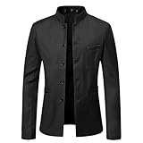 Mens Stand Mandarin Collar Suit Blazer Jackets Single Breasted Business Dress Coat Lightweight Lined Sport Coats (Black,Large)