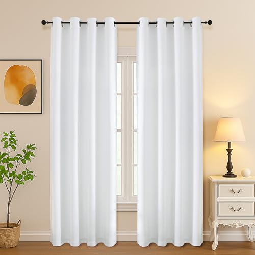 Image of Simplebrand Pure White Curtains for Bedroom Living Room 90 Inches Long 2 Panels Set, Light Filtering Thermal Insulated Curtains & Drapes, Solid Grommet Noise Reducing Window Treatment, W50 x L90 Inch