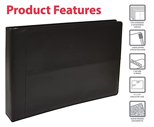 GOLD SEAL 7 Ring Executive Check Binder with Zipper Pouch, Padded Black Textured Premium Leatherette Cover, for 9\" x 13\" 3 Per Page Business Checks, 600 Check Capacity Checkbook Holder