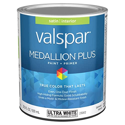 Valspar 23002 Ultra White Base Medallion Plus Interior Paint & Primer, Satin, 1 Quart