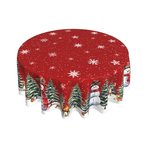 Giwawa Christmas Red Round Tablecloth 60 Inch Snowman Winter Snowflake Reindeer Decorative Table Cloth Polyester Fabric Washable Table Cover for Holiday Family Gathering Dining Party