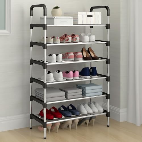 Image of Metal Shoe Rack for Home - Adjustable & Stackable Waterproof Open 5-Tier Shoe Rack for Closet Entryway, Bedroom, Outdoor,Multi-Purpose Carbon Steel Shoe Stand (Black, 6-Shelf)