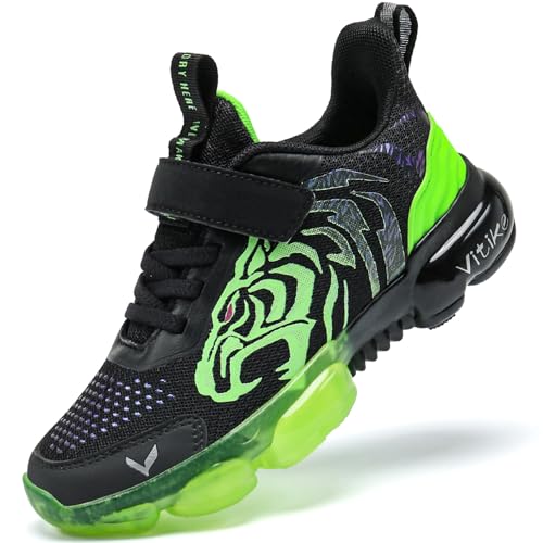 JMFCHI Zapatillas de deporte para niños, zapatillas de deporte para niños, zapatillas de interior y exterior, con cierre de velcro, transpirables, antideslizantes, Negro Verde 8167, 35 EU