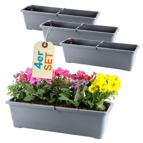 GarPet 4er Set Blumenkasten mit Wasserspeicher Blumenkasten Fensterbank Pflanzkasten Outdoor Wasserstandsanzeiger Gießschacht Bewässerungsband 60 cm Anthrazit