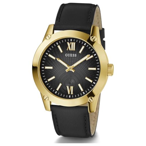 Image of GUESS Gold-Tone and Black Leather Analog Watch