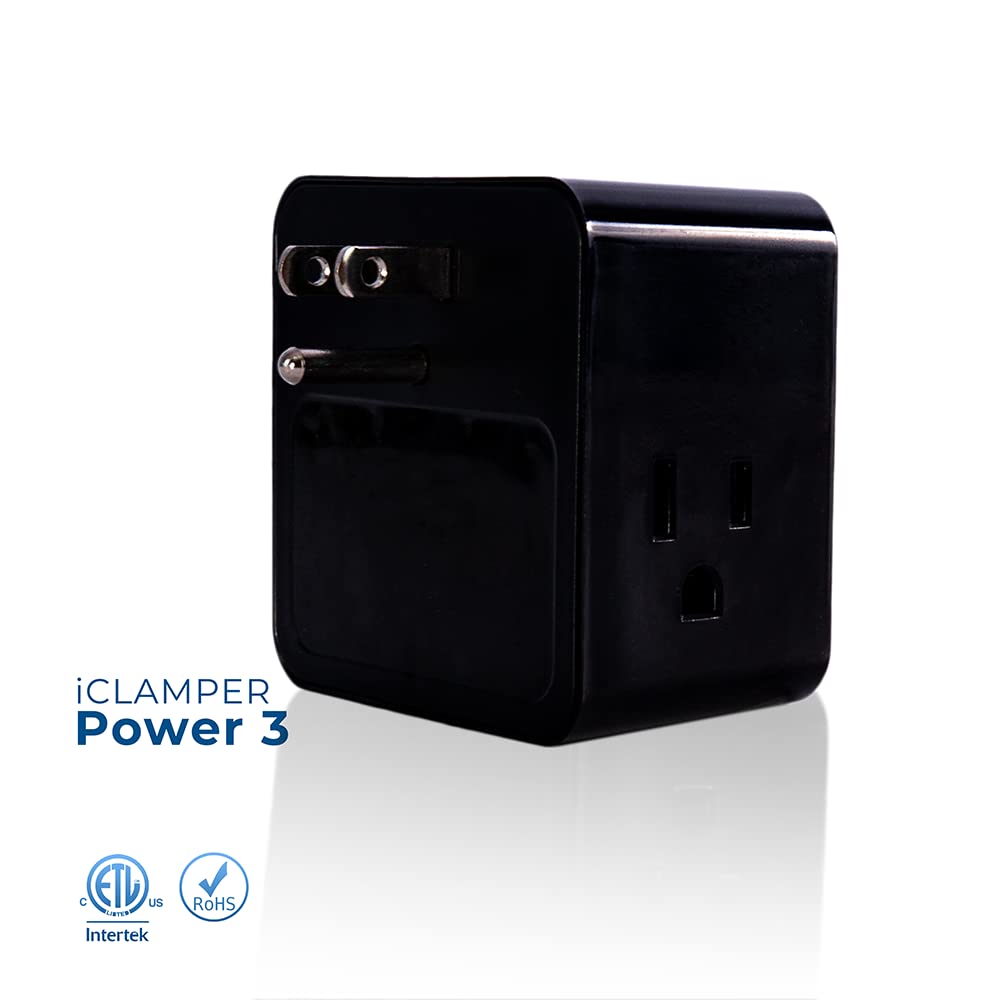 Clamper 3-Outlet Surge Protector 1800 Joules, 1875W, for TV, PC, Xbox, PS5, Refrigerators and Other Appliances (Compact Wall Surge Protector), iCLAMPER Power 3, 1-Pack Black