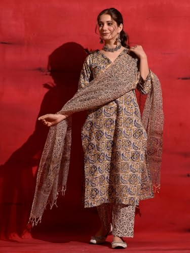 Nainvish Women's Rayon Printed Straight V-Neck Kurta Pant With Dupatta (Sd687_Kbd-Xl_Beige)