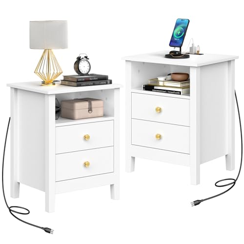 DWVO Set of 2 Nightstand with Charging Station, Night Stands with 2 Drawers, Wooden Modern Bedside Table for Bedroom, White