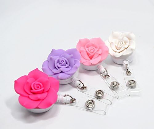 Qinsuee Soft Ceramic Flower Retractable ID/Name Badge Holder with Clip,4 Pack (LightColor)