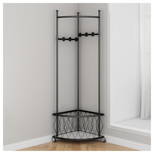 Porte-manteau d'angle sur pied en fer noir avec rangement pour entrée