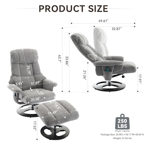 Swivel Stressless Recliner with Ottoman - Swivel Recliner Chairs with Ottoman with Remote-Control Massage System, Massage Recliner Chairs with 360° Rotation, Manual Recliner for Bedroom, Den (Grey)