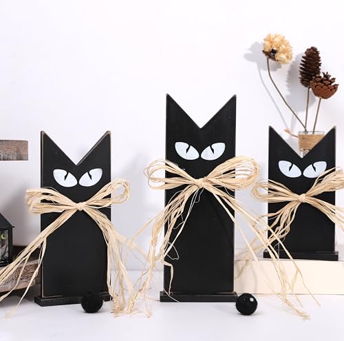 Set of 3 Wooden Black Cats Table Decor – Rustic