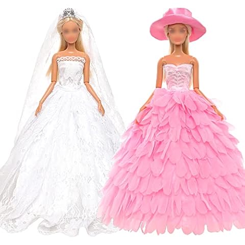 BARWA White Wedding Dress with Veil and Princess Evening Party Clothes Wears Gown Dress Outfit with Hat for 11.5 Inch Girl Doll Cover