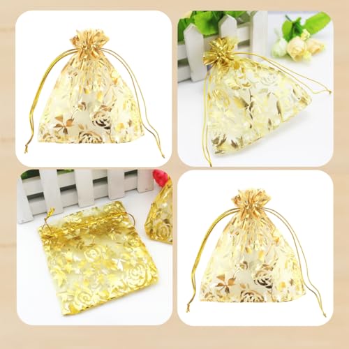Image of 100 pcs 3.5 x 4.7 Inch Flower Heart Organza Jewelry Gift Pouch Candy Pouch Drawstring Wedding Favor Bags X92 (gold gold flower)