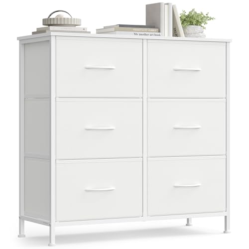 SONGMICS BELLAH Collection - Commode, Meuble de Rangement pour Chambre, Couloir, Entrée, Salon, Cadre en Acier, 6 Tiroirs, Style Moderne, Blanc Nuage et Blanc...