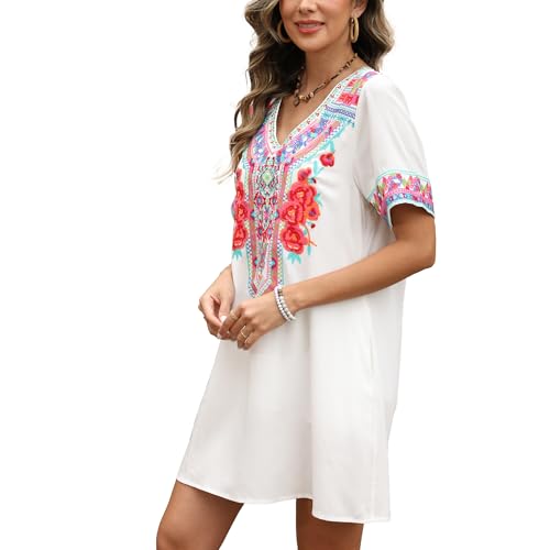 Image of Grosy Fiesta Embroidered Mexican Dress for Women Beach Vacation Plus Size Short Sleeve Summer Boho Dresses with Pocket