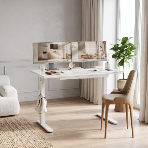 Image of YDN 55 x 24 Inches Wireless Charging Glass Standing Desk with Drawer | Tempered Glass Top, Adjustable Height