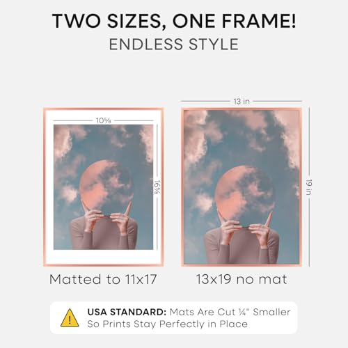 Image of Homeforia 13x19 Picture Frame Rose Gold, High End Metal 13x19 Poster Frames with Mat 11x17 inch Photo, 13 x 19 Rose Gold Frame Matted to 11 by 17 Print, 19x13 Frame, Tempered Glass, Wall Kit, Set of 1