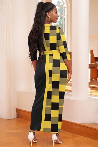 Image of Nmoder Maxi Dress for Women Long Church Cocktail Casual Dresses Colorblock Front Split 3 /4 Sleeve V Neck Pencil Dress