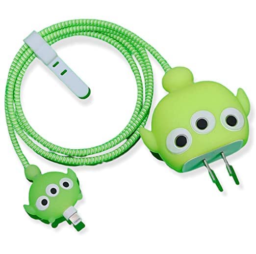 Image of Cartoon 3D Design Protective Case for 18W 20W iPhone 14 13 12 11 Pro Max Fast Charging Cable Adapter Charger, Cute Cartoon Lightning Data Cable Case for iPhone Charger Alien
